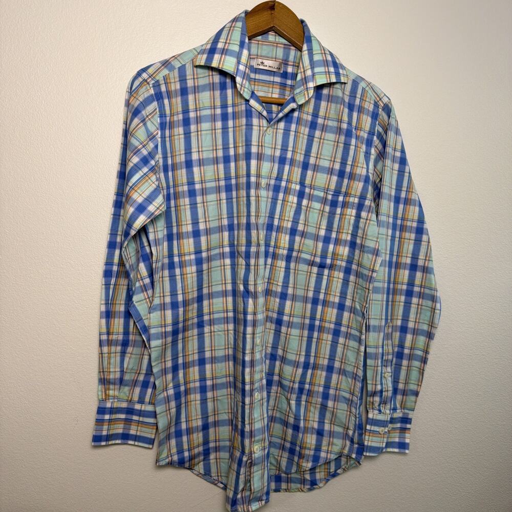Peter Millar Shirt Blue Yellow Plaid Men's Small Cotton Long Sleeve Button